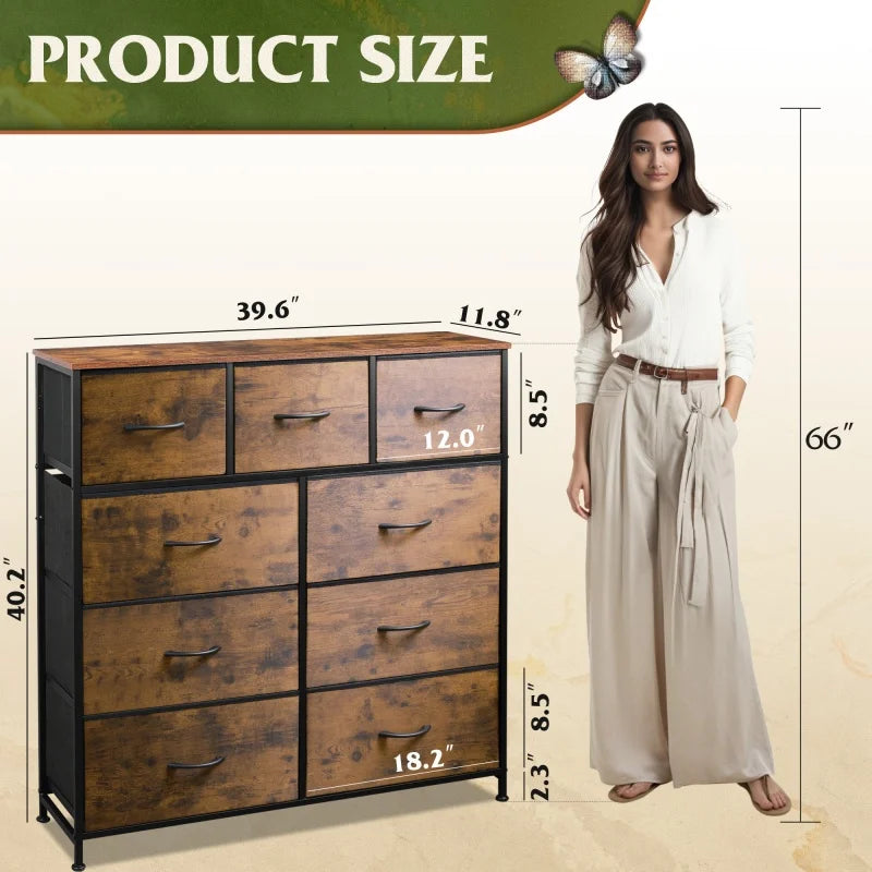 Galaxhero 9 drawer fabric dresser tall storage bedroom hallway closet bins steel frame easy pull rustic grain - brown