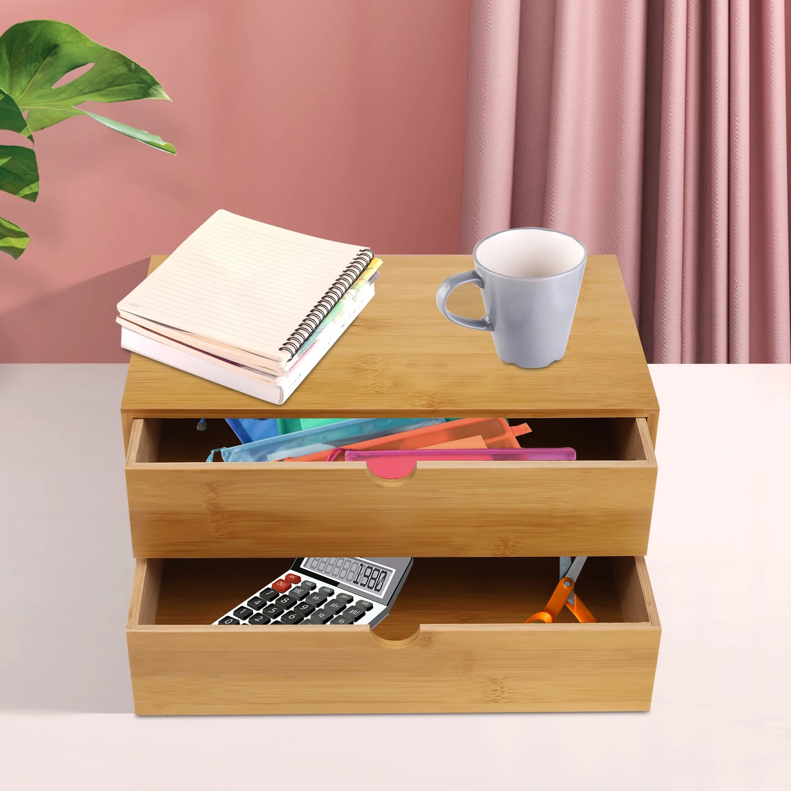 Desk organizer - mini bamboo drawer tabletop storage organization box for office home toiletries supplies no assembly