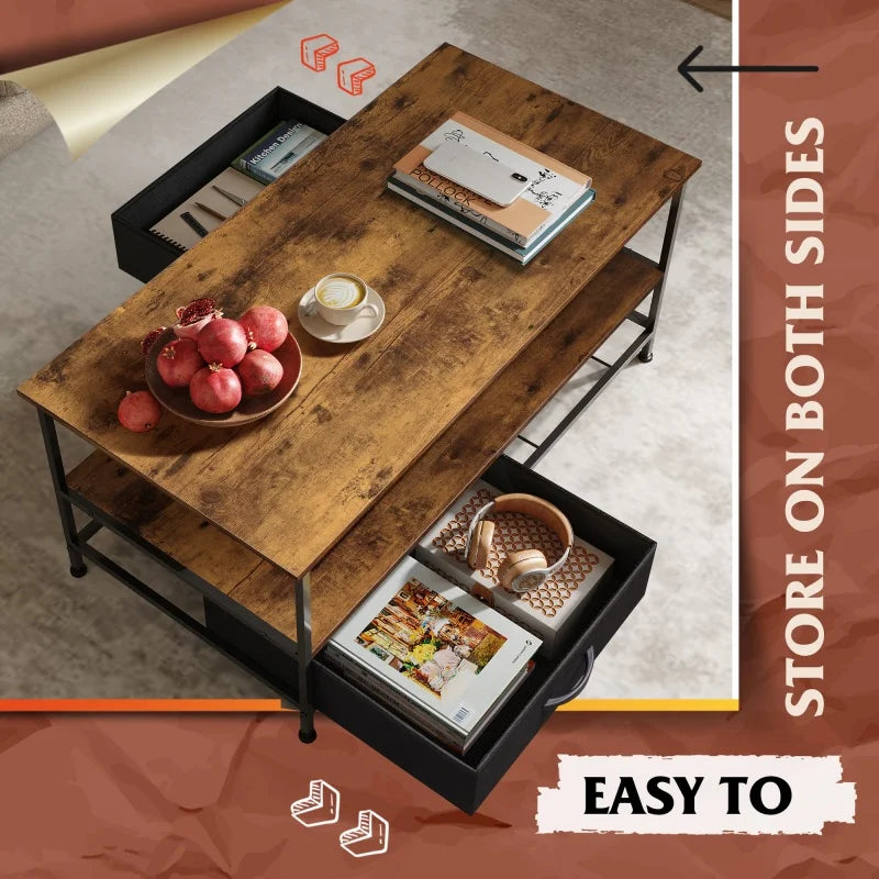 Galaxhero coffee table with storage and drawers 2 tier wood center for bedroom apartment metal legs rustic style