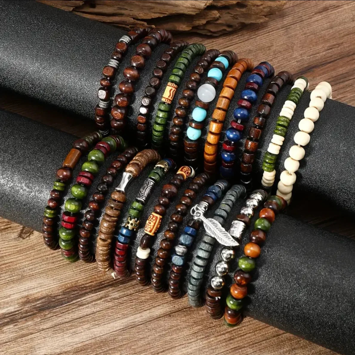 22-piece set vintage style bohemian wooden beaded bracelets synthetic turquoise and cat’s eye beads fashionable