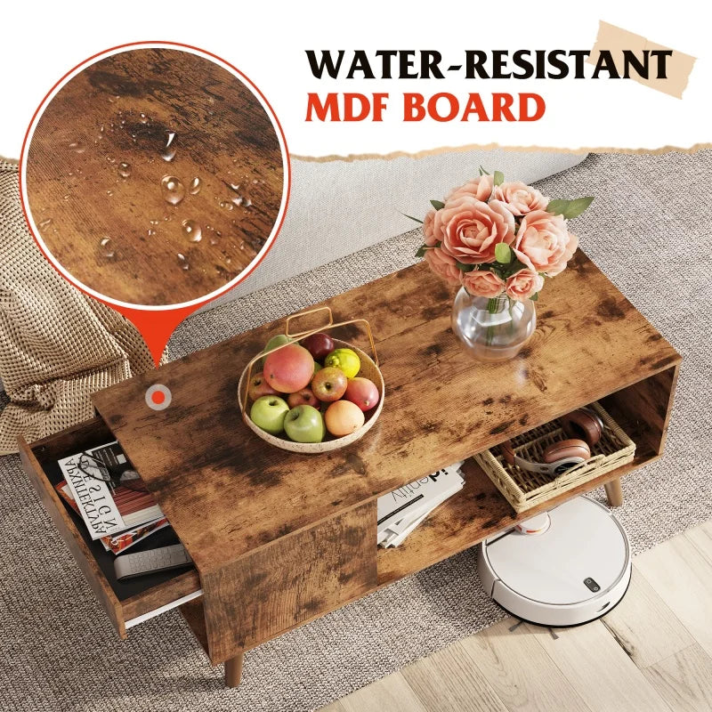 Galaxhero coffee table with sliding top for tv up to 50 inch modern wood center open storage shelf living room - rustic