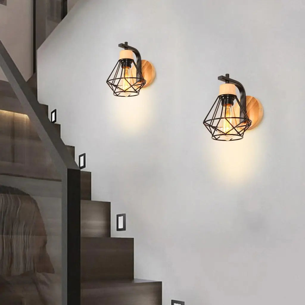 Industrial wall light e27 retro wood lamp wire cage lampshade vintage lighting sconce for living room bedroom kitchen