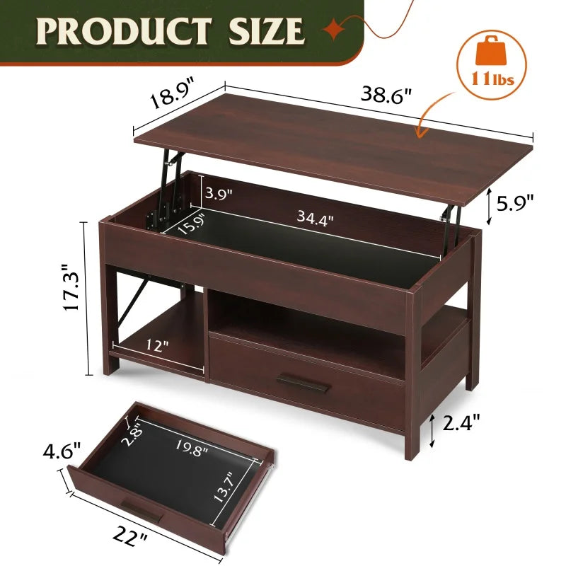 Galaxhero lift top coffee table with hidden compartment storage drawers and shelf for living room reception - espresso