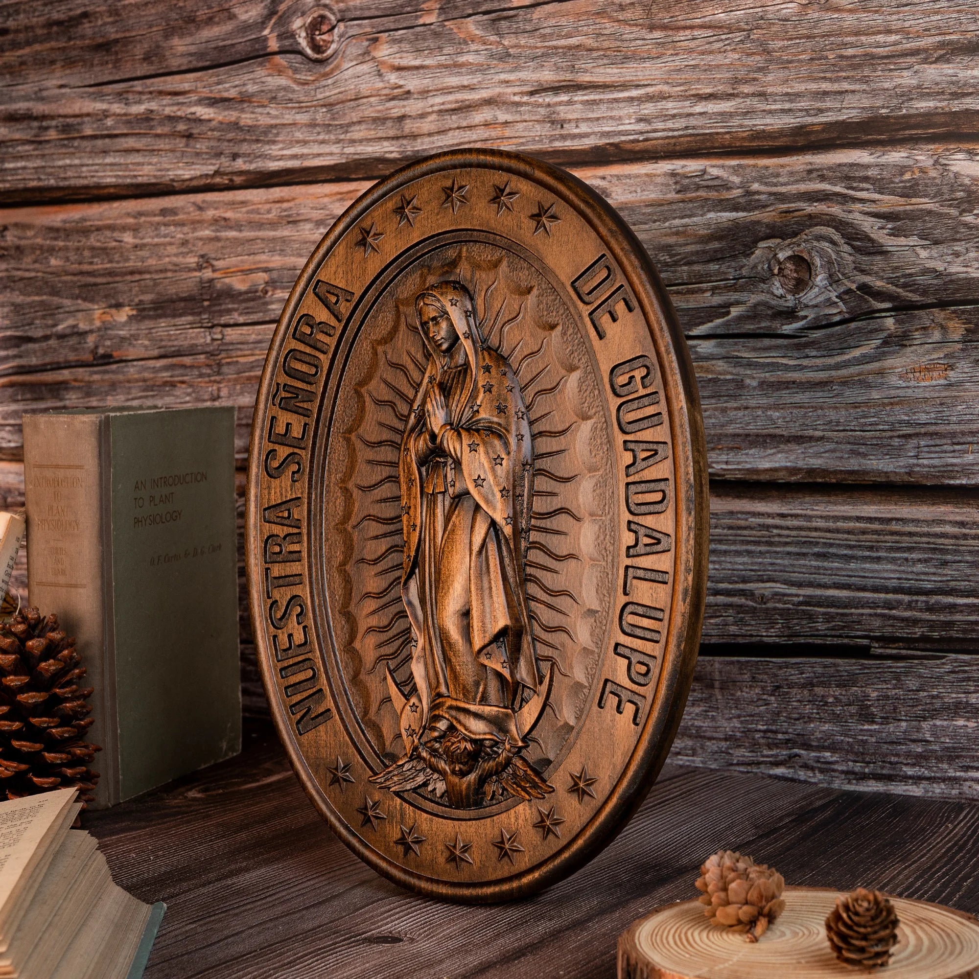 Virgin mary of guadalupe statue oval wood carving ornament home wall art decoration catholic religious figure christian