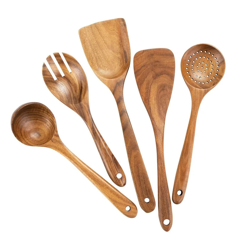 Wooden kitchen utensil set with holder natural teak wood cooking tools for non stick cookware accessories - 5pcs