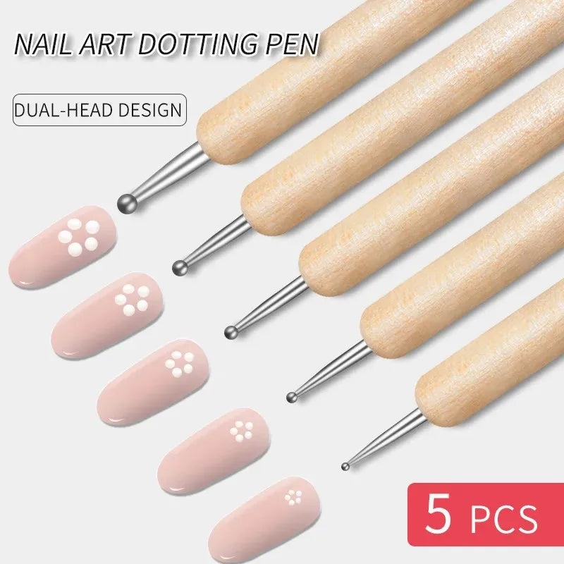 Dual-end wooden dotting pen marbleizing tool set for nail design manicure painting kit 5pcs - brown-5pcs / united states