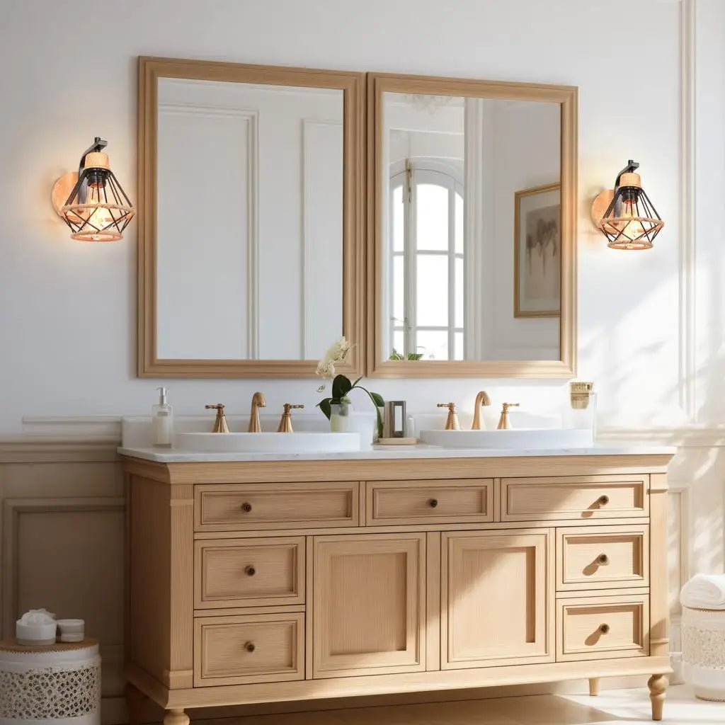 Industrial wall light e27 retro wood lamp wire cage lampshade vintage lighting sconce for living room bedroom kitchen