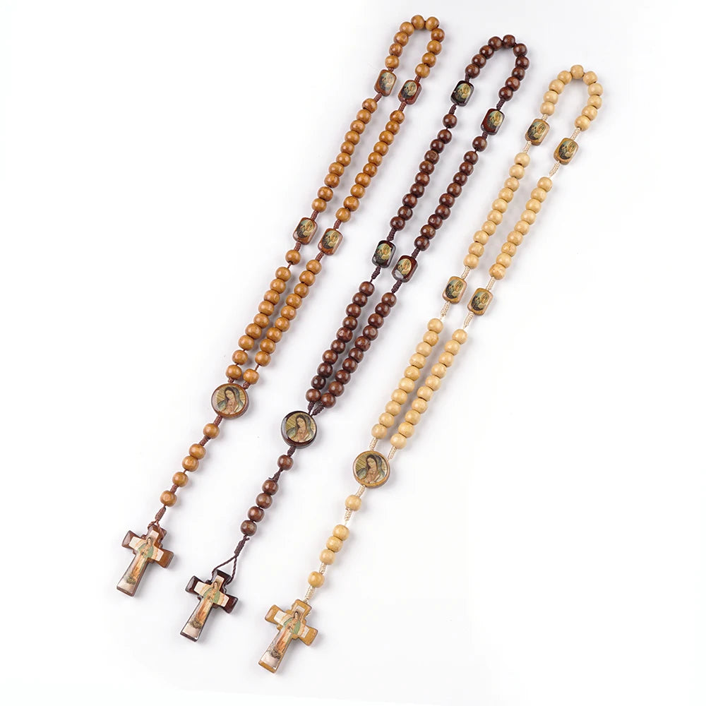 1 pcs mixed wood beads rosary crucifix necklace our lady of guadalupe recuerdos de bautizo communion religious gifts