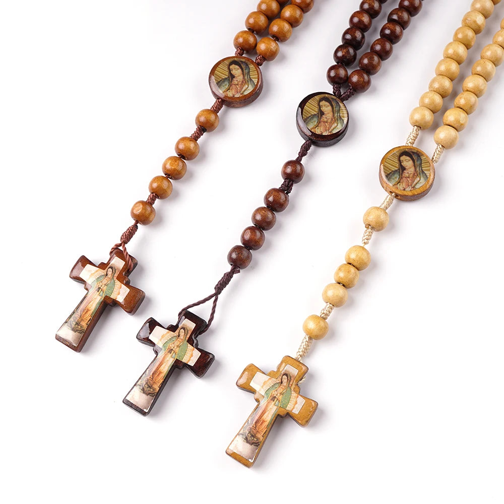 1 pcs mixed wood beads rosary crucifix necklace our lady of guadalupe recuerdos de bautizo communion religious gifts