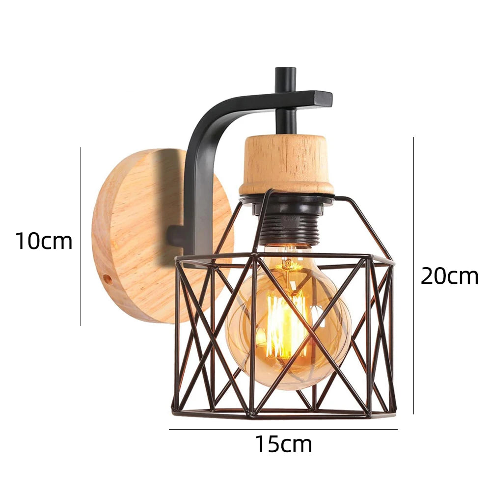 Industrial wall light e27 retro wood lamp wire cage lampshade vintage lighting sconce for living room bedroom kitchen