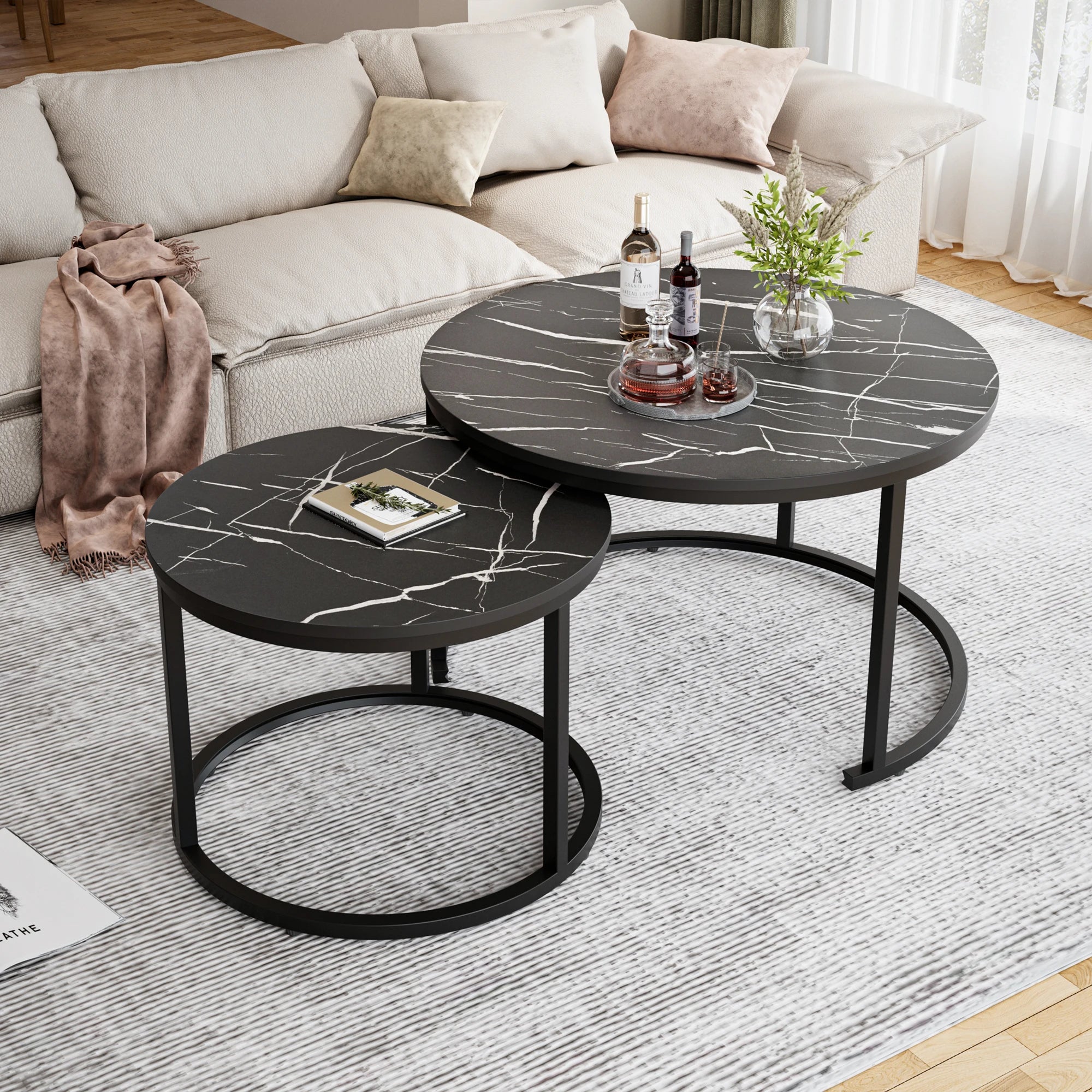 27.5’’ nesting coffee table,round marble table set of 2,wooden round desk,circular modern desk for living r - black