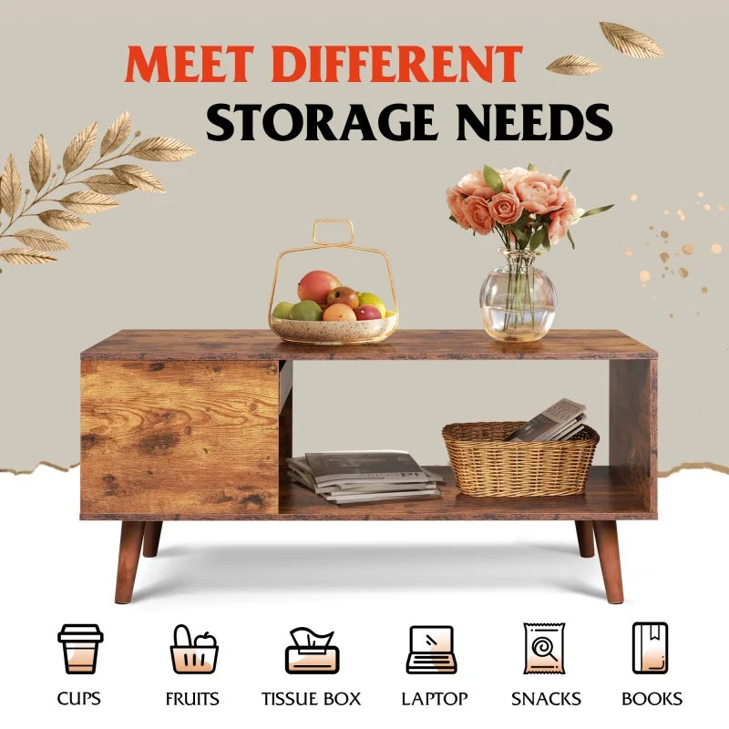 Galaxhero coffee table with sliding top for tv up to 50 inch modern wood center open storage shelf living room - rustic