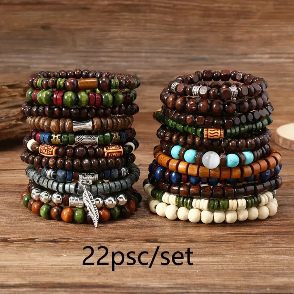 22-piece set vintage style bohemian wooden beaded bracelets synthetic turquoise and cat’s eye beads fashionable