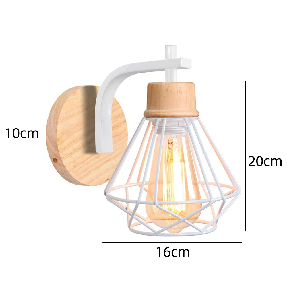 Industrial wall light e27 retro wood lamp wire cage lampshade vintage lighting sconce for living room bedroom kitchen