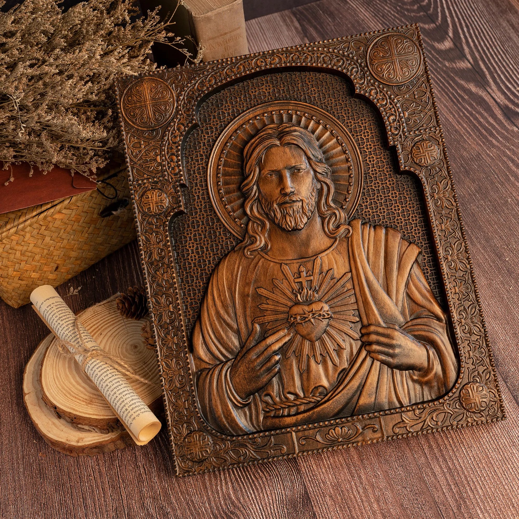 Sacred heart of jesus catholic statue religious wooden plaque wall hanging church room home and decoration christmas