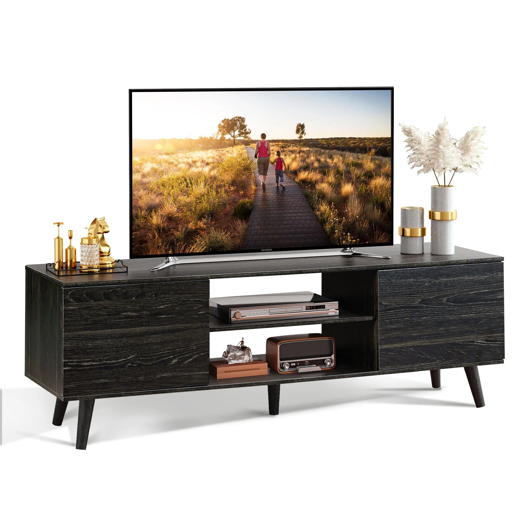 Galaxhero tv stands mid century modern console entertainment center for living room with storage retro - charcoal black