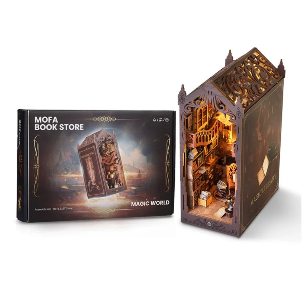 Enchanted magic library diy book nook kit 3d wooden puzzle bookshelf insert with led lights creative miniature