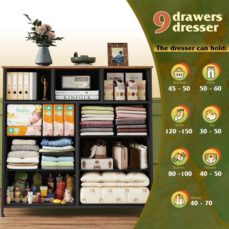 Galaxhero 9 drawer fabric dresser tall storage bedroom hallway closet bins steel frame easy pull rustic grain - brown