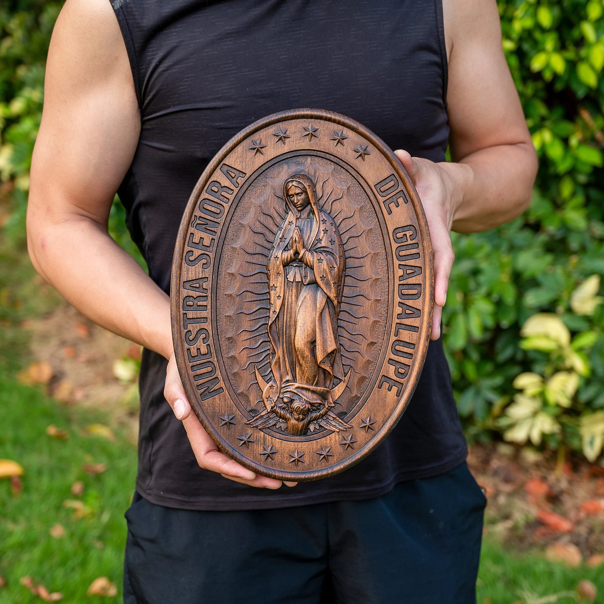 Virgin mary of guadalupe statue oval wood carving ornament home wall art decoration catholic religious figure christian