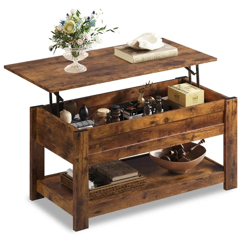 Galaxhero lift top coffee table with hidden compartment and storage shelf for living room modern wood center - rustic