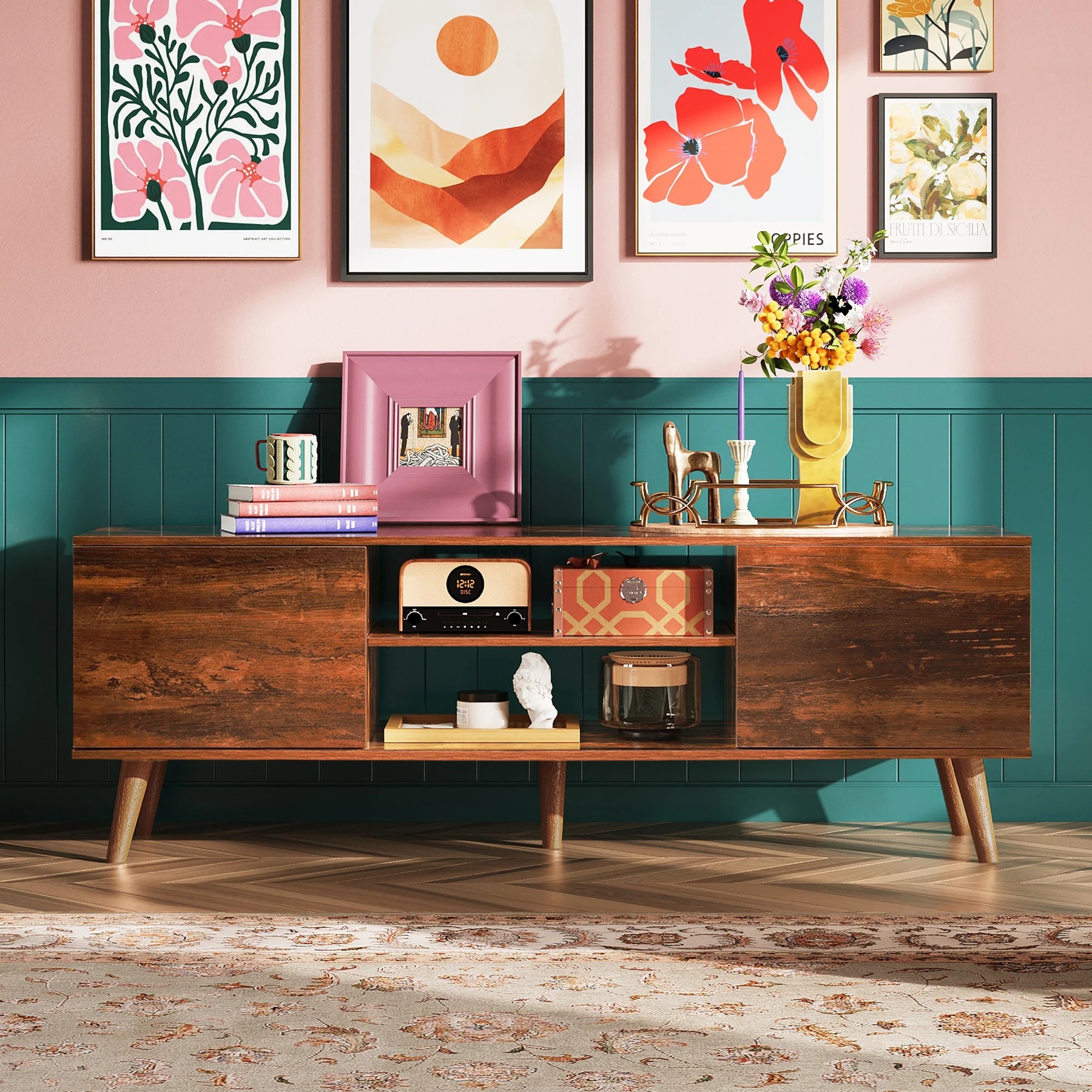 Galaxhero tv stands mid century modern console entertainment center for living room with storage retro