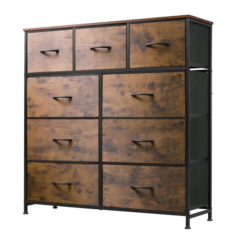 Galaxhero 9 drawer fabric dresser tall storage bedroom hallway closet bins steel frame easy pull rustic grain - brown