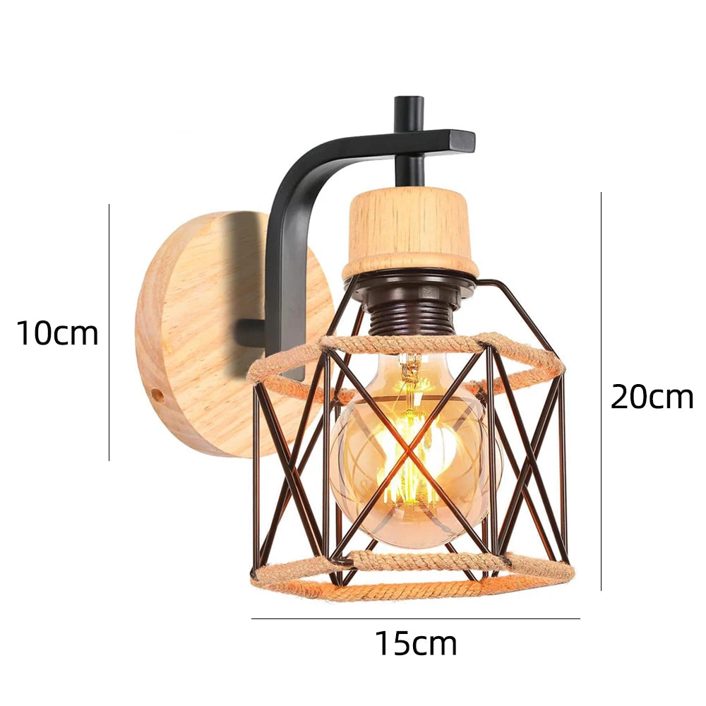 Industrial wall light e27 retro wood lamp wire cage lampshade vintage lighting sconce for living room bedroom kitchen