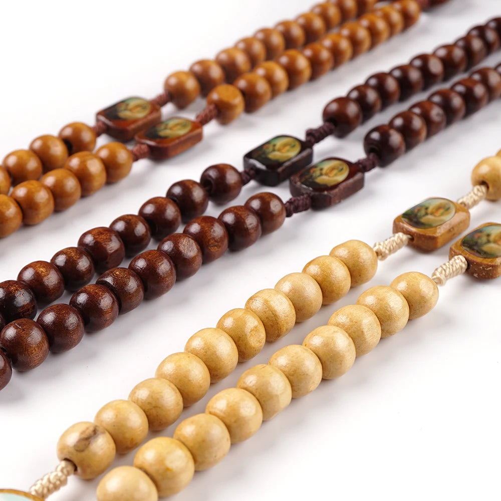 1 pcs mixed wood beads rosary crucifix necklace our lady of guadalupe recuerdos de bautizo communion religious gifts