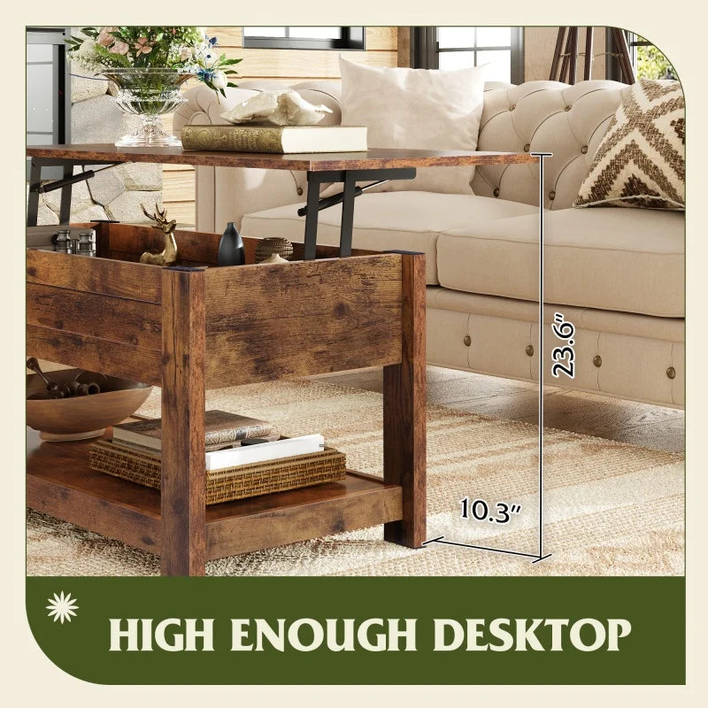 Galaxhero lift top coffee table with hidden compartment and storage shelf for living room modern wood center - rustic