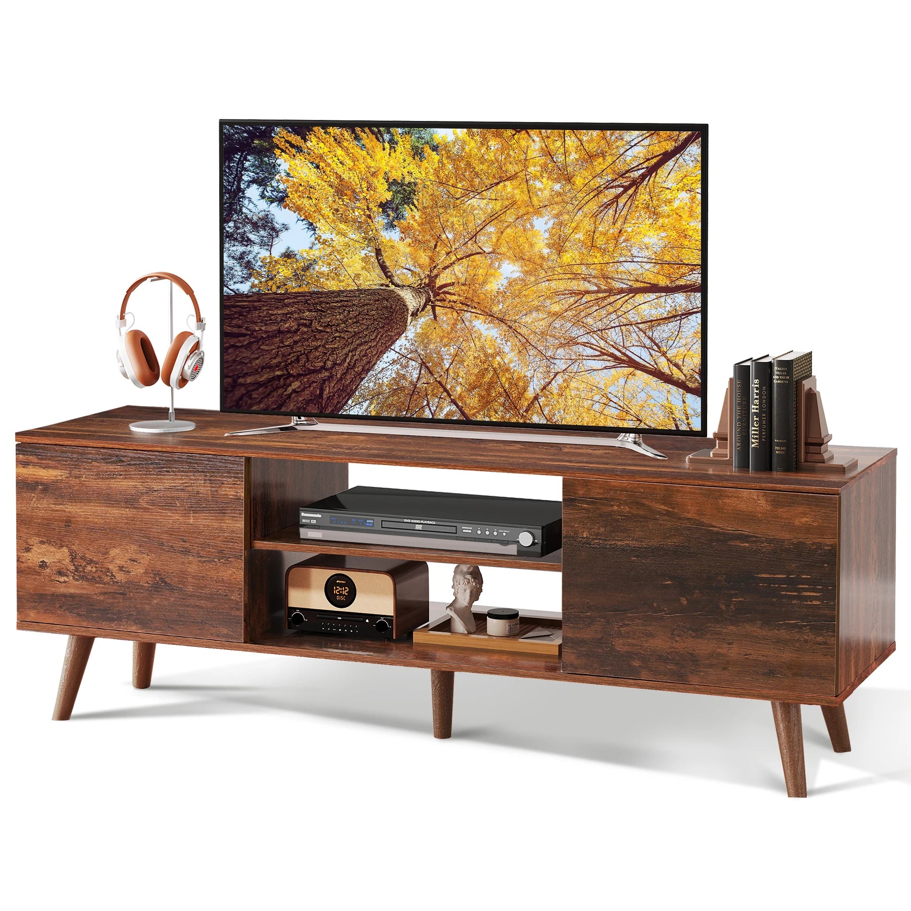 Galaxhero tv stands mid century modern console entertainment center for living room with storage retro - brown / united