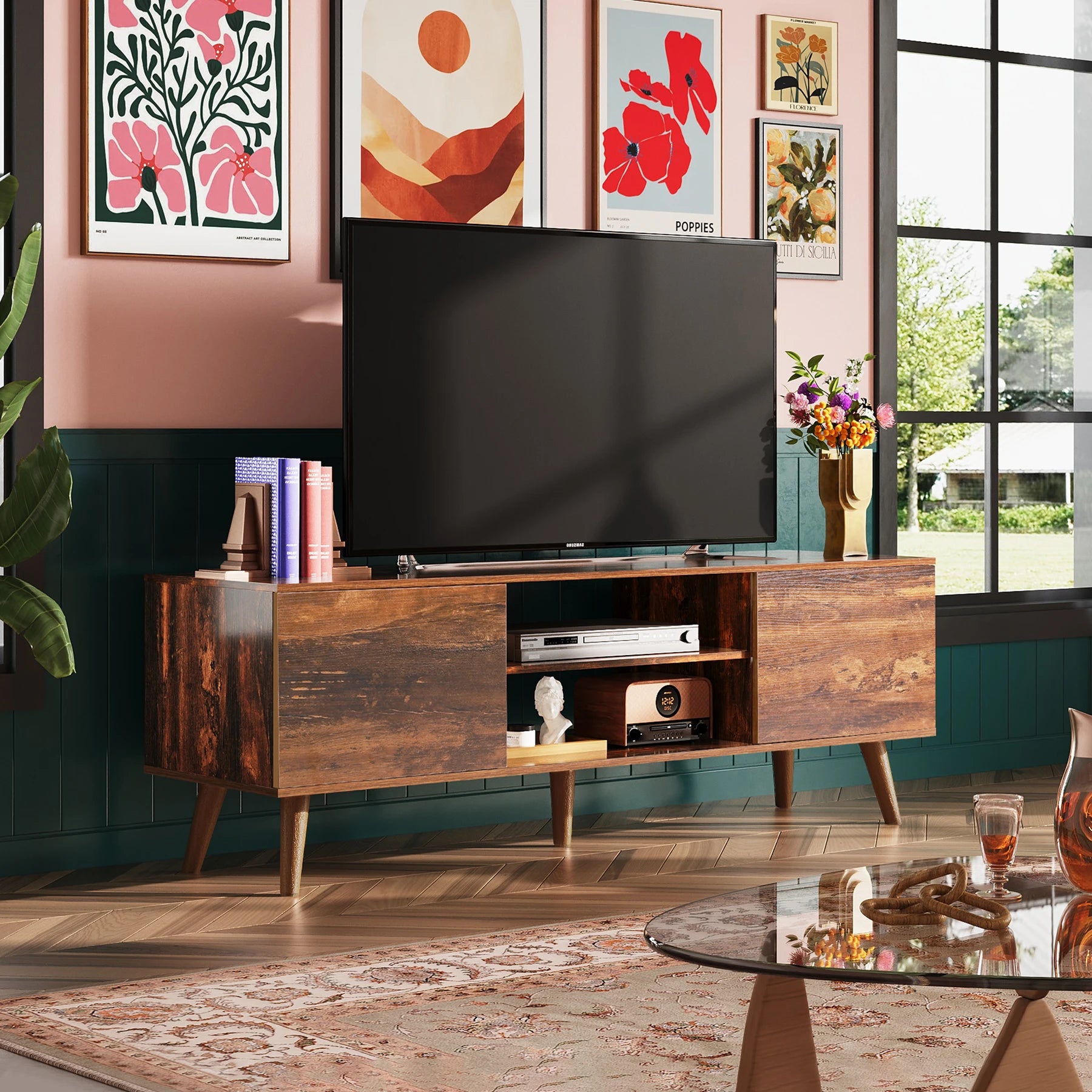 Galaxhero tv stands mid century modern console entertainment center for living room with storage retro