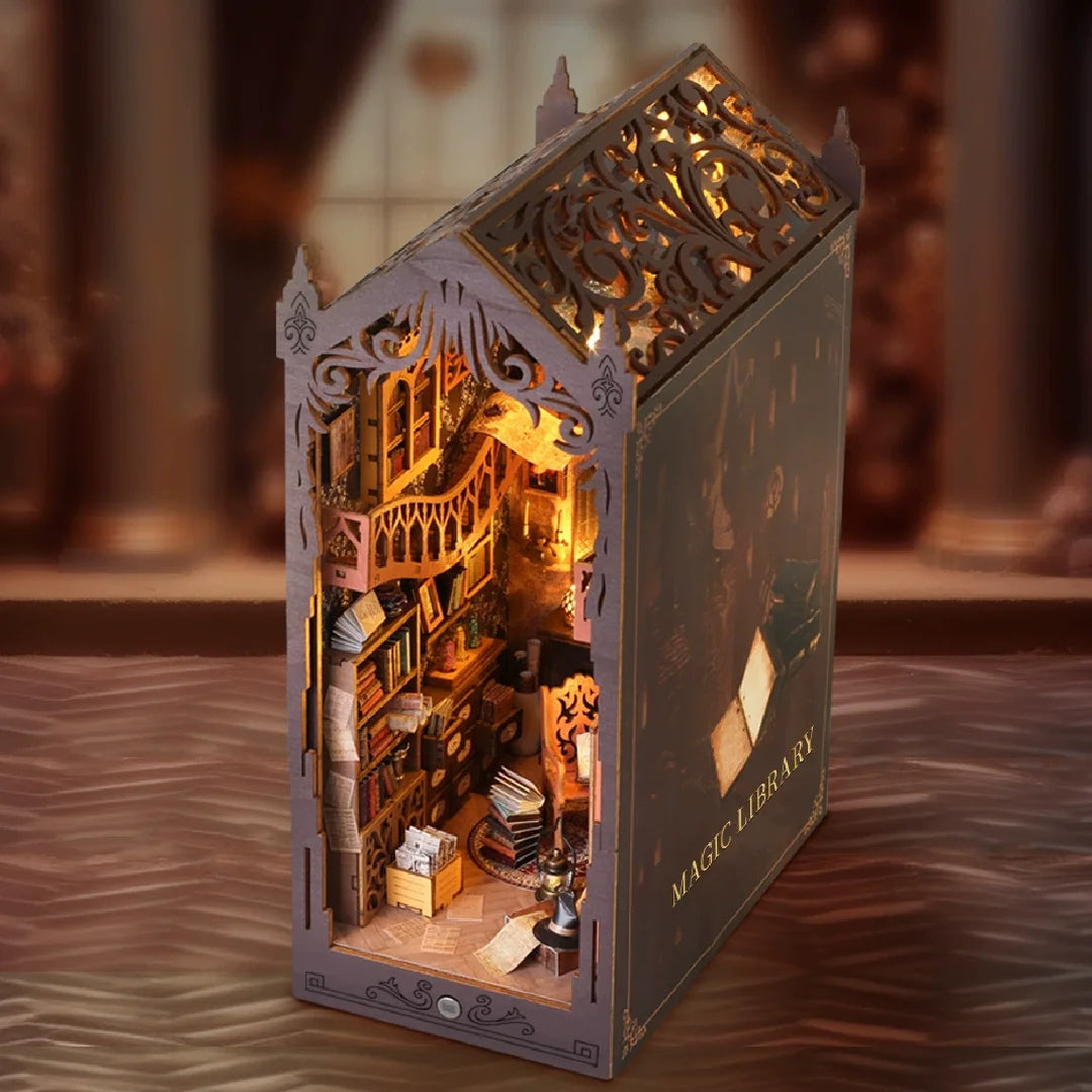Enchanted magic library diy book nook kit 3d wooden puzzle bookshelf insert with led lights creative miniature