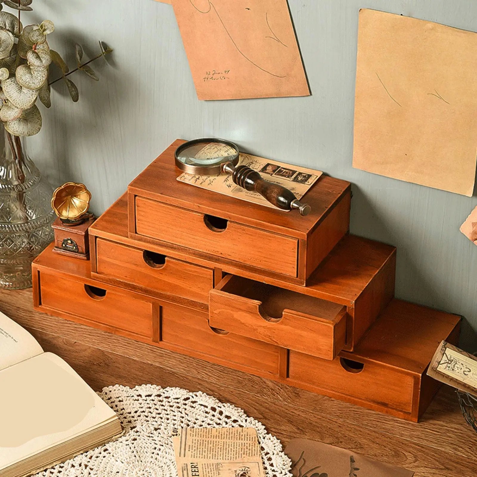 Desk organizer with drawer wooden storage box tabletop rustic coffee pod holder container for entryway nursery kitchen