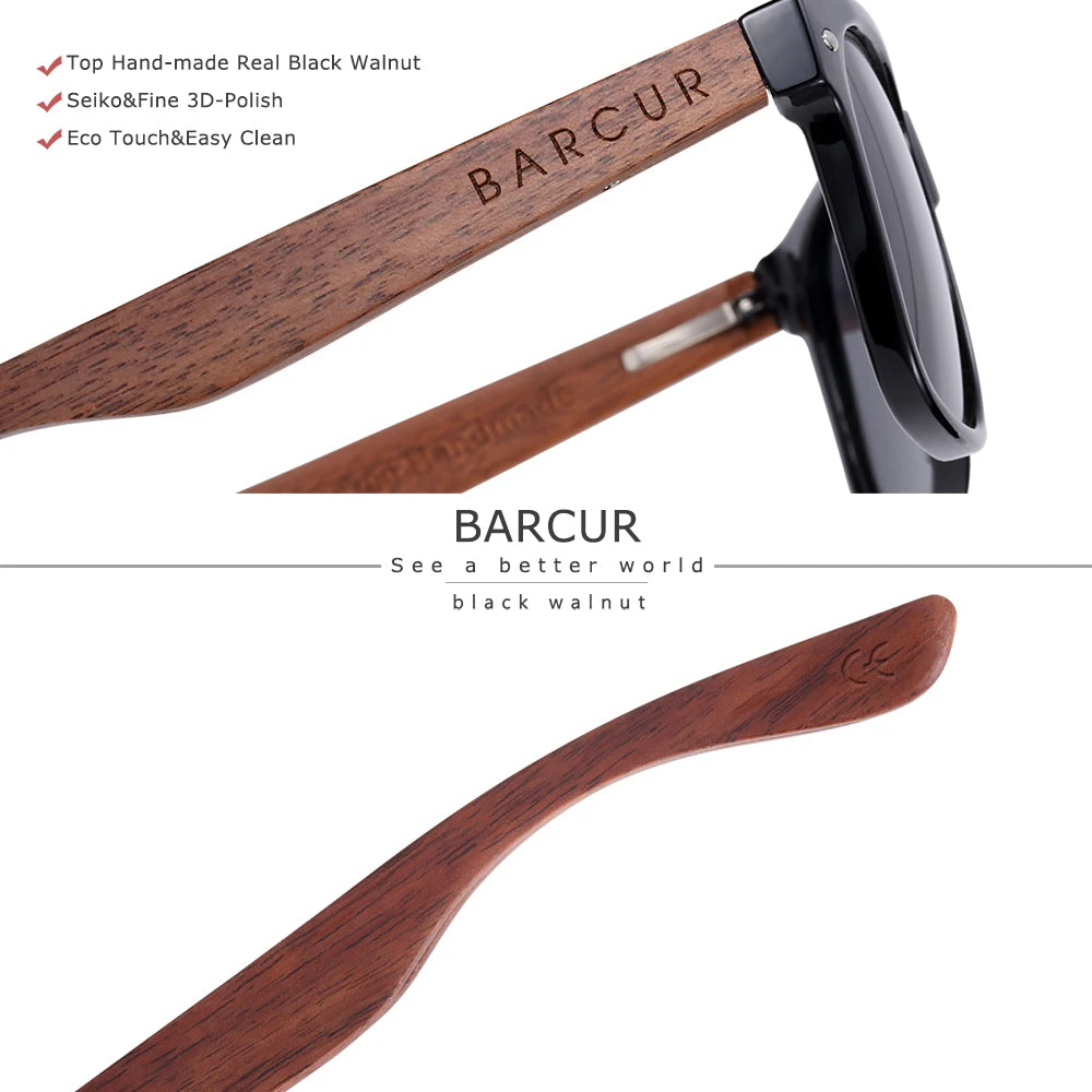 Barcur high quality black walnut sunglasses anti-reflecti men women mirror sun glasses male uv400 wooden sunglass