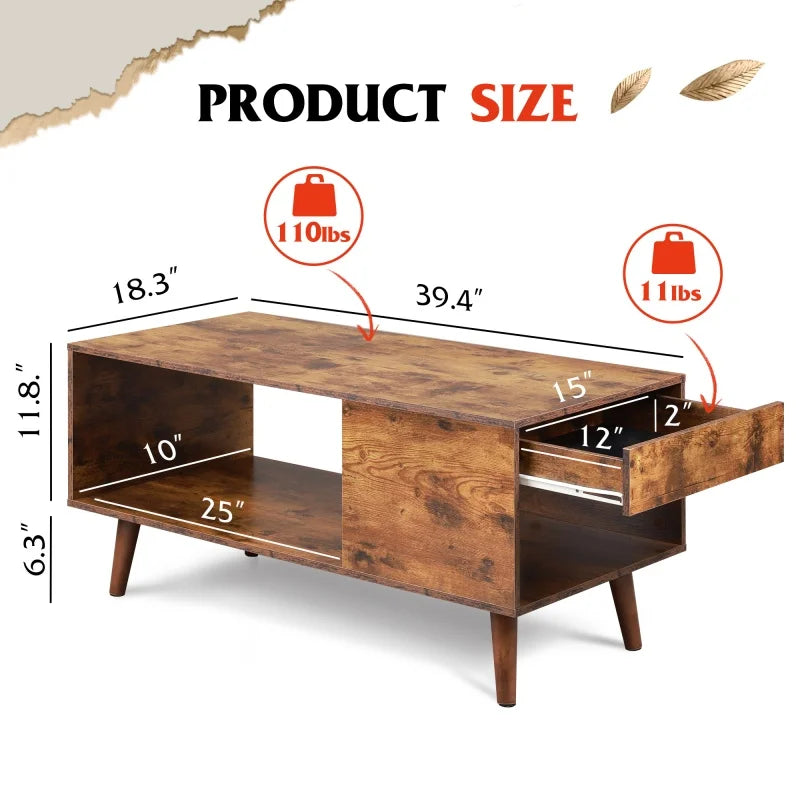 Galaxhero coffee table with sliding top for tv up to 50 inch modern wood center open storage shelf living room - rustic