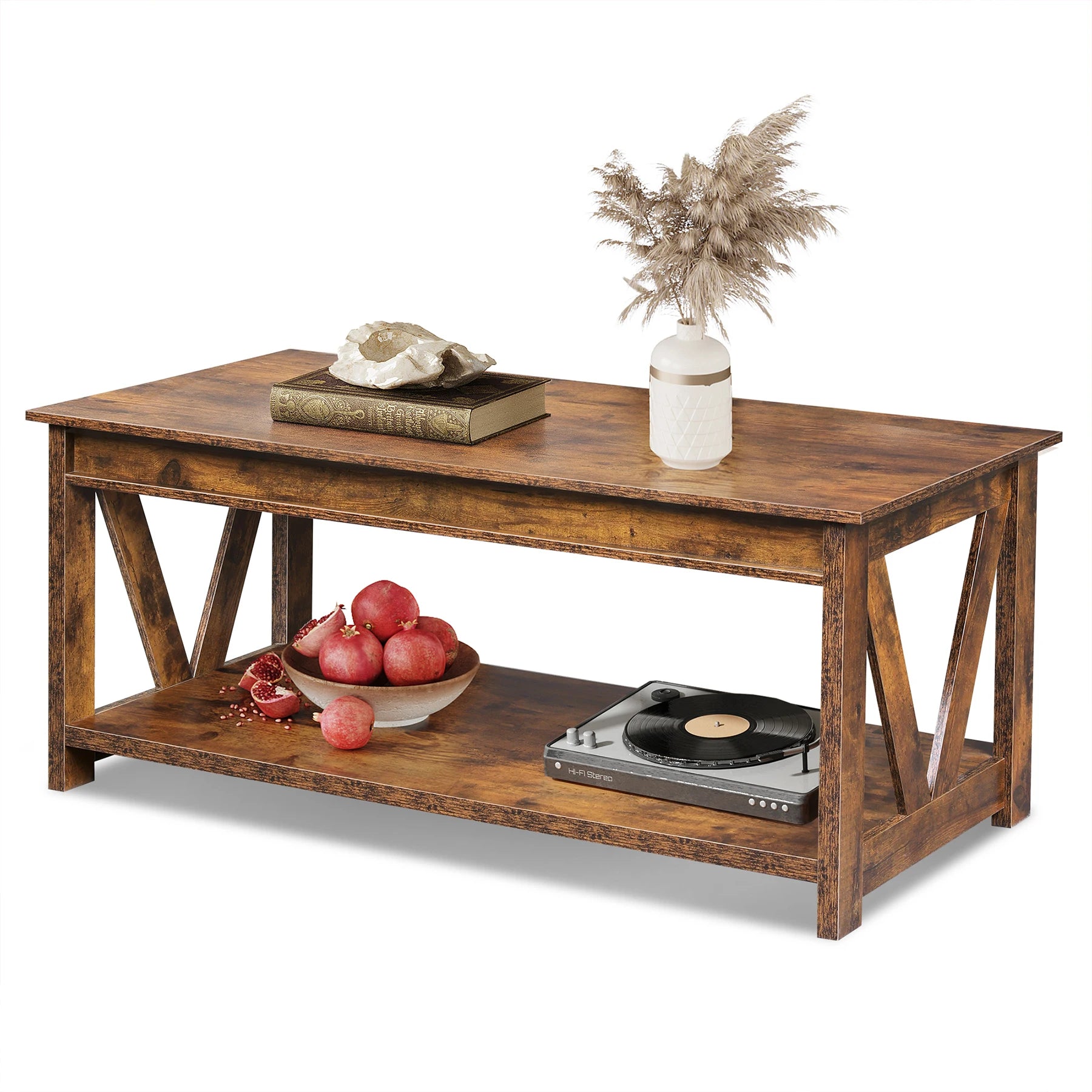 Galaxhero coffee table storage shelf sturdy v shaped support farmhouse wood center for living room bedroom office