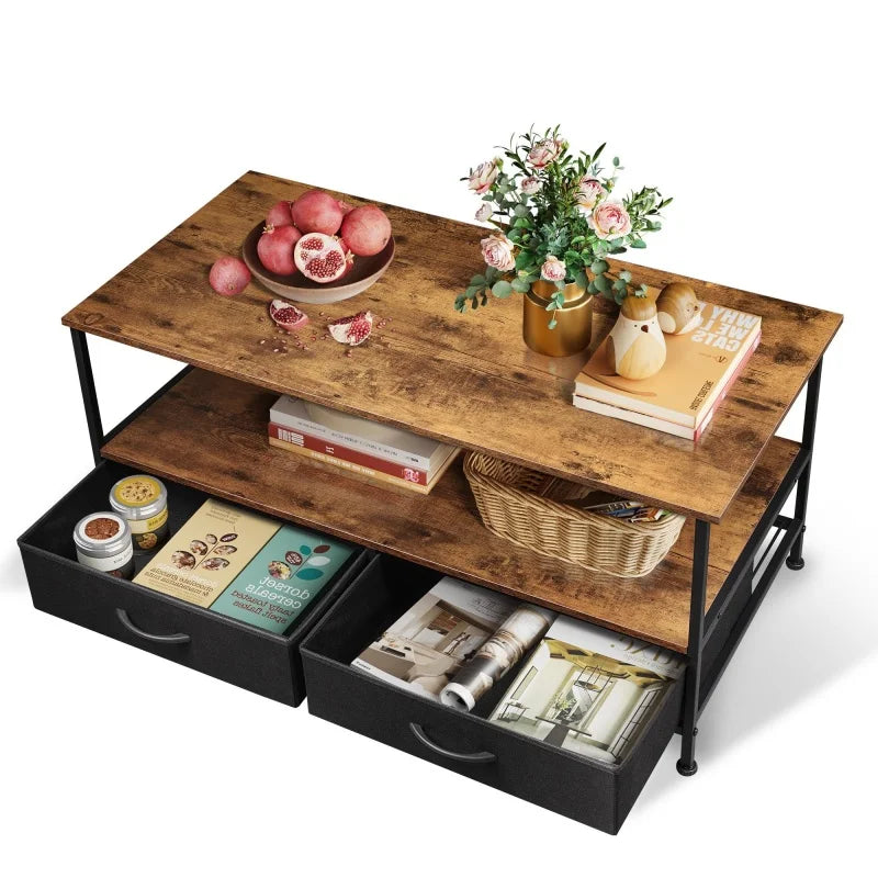 Galaxhero coffee table with storage and drawers 2 tier wood center for bedroom apartment metal legs rustic style