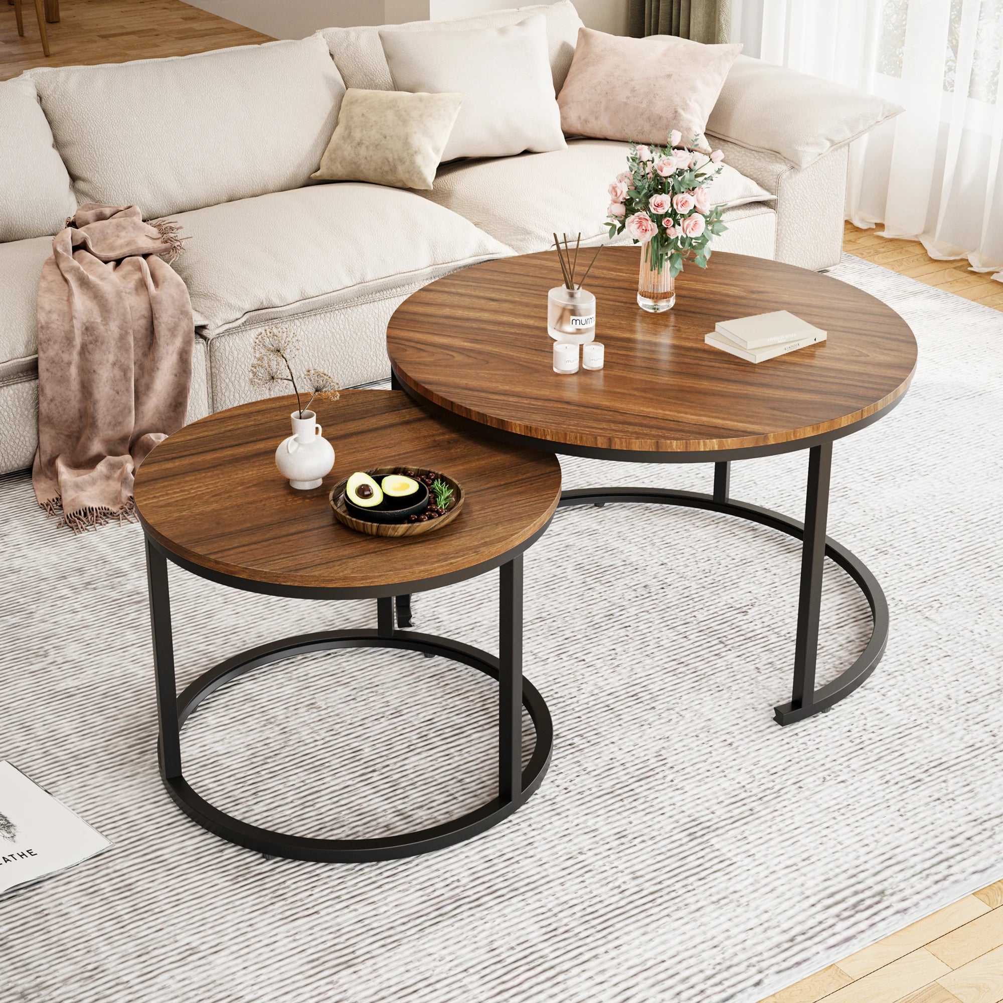 27.5’’ nesting coffee table,round marble table set of 2,wooden round desk,circular modern desk for living r - brown
