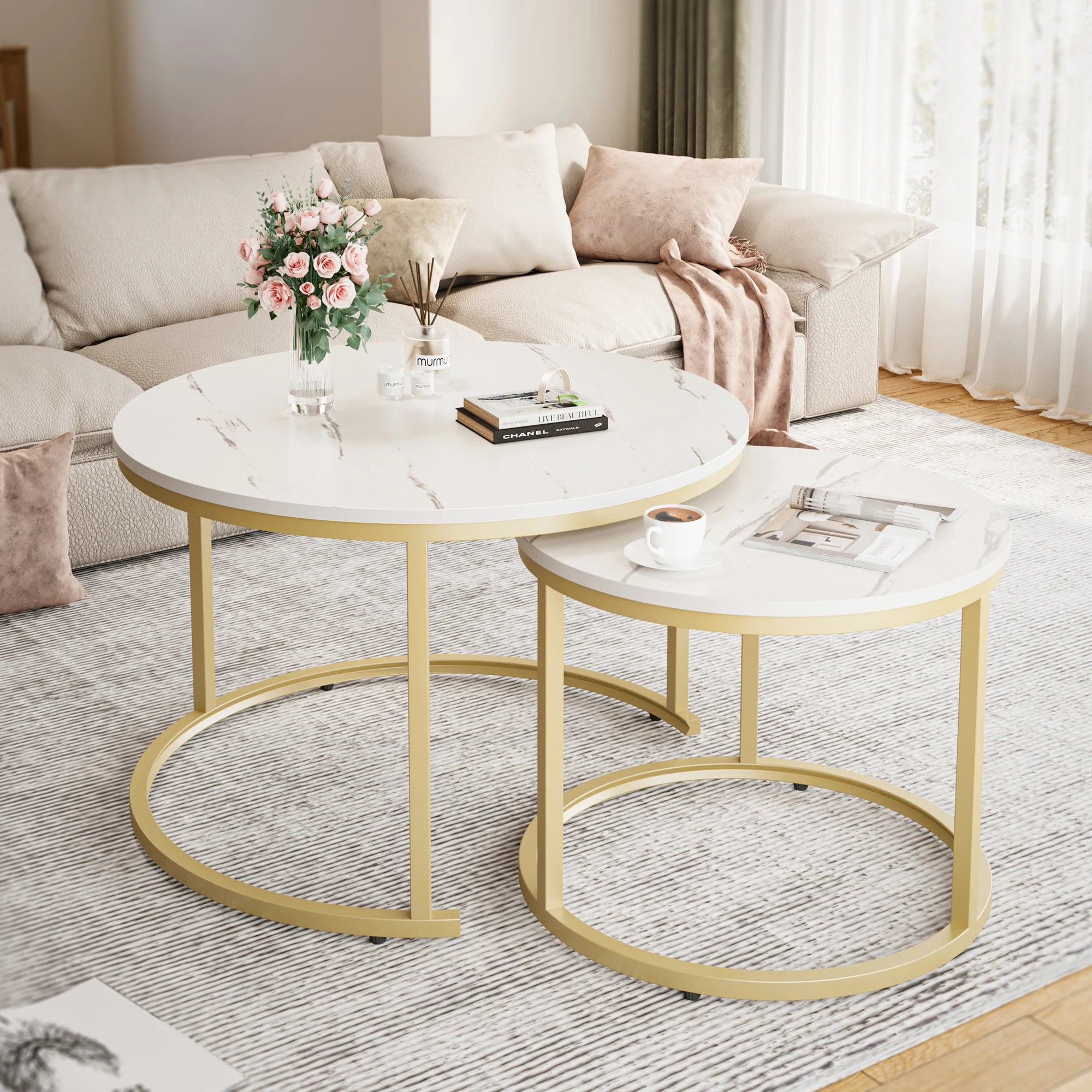 27.5’’ nesting coffee table,round marble table set of 2,wooden round desk,circular modern desk for living r - white