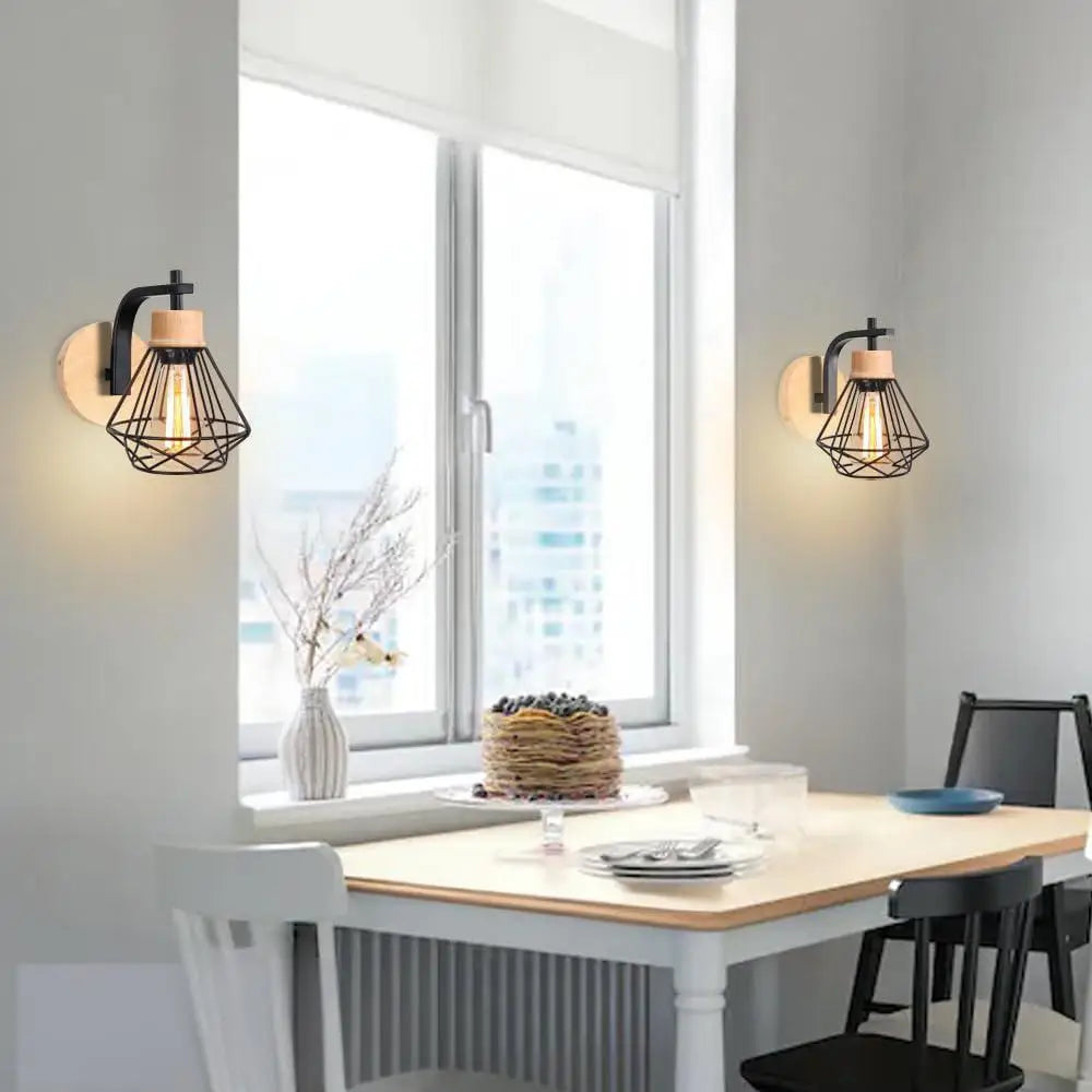 Industrial wall light e27 retro wood lamp wire cage lampshade vintage lighting sconce for living room bedroom kitchen