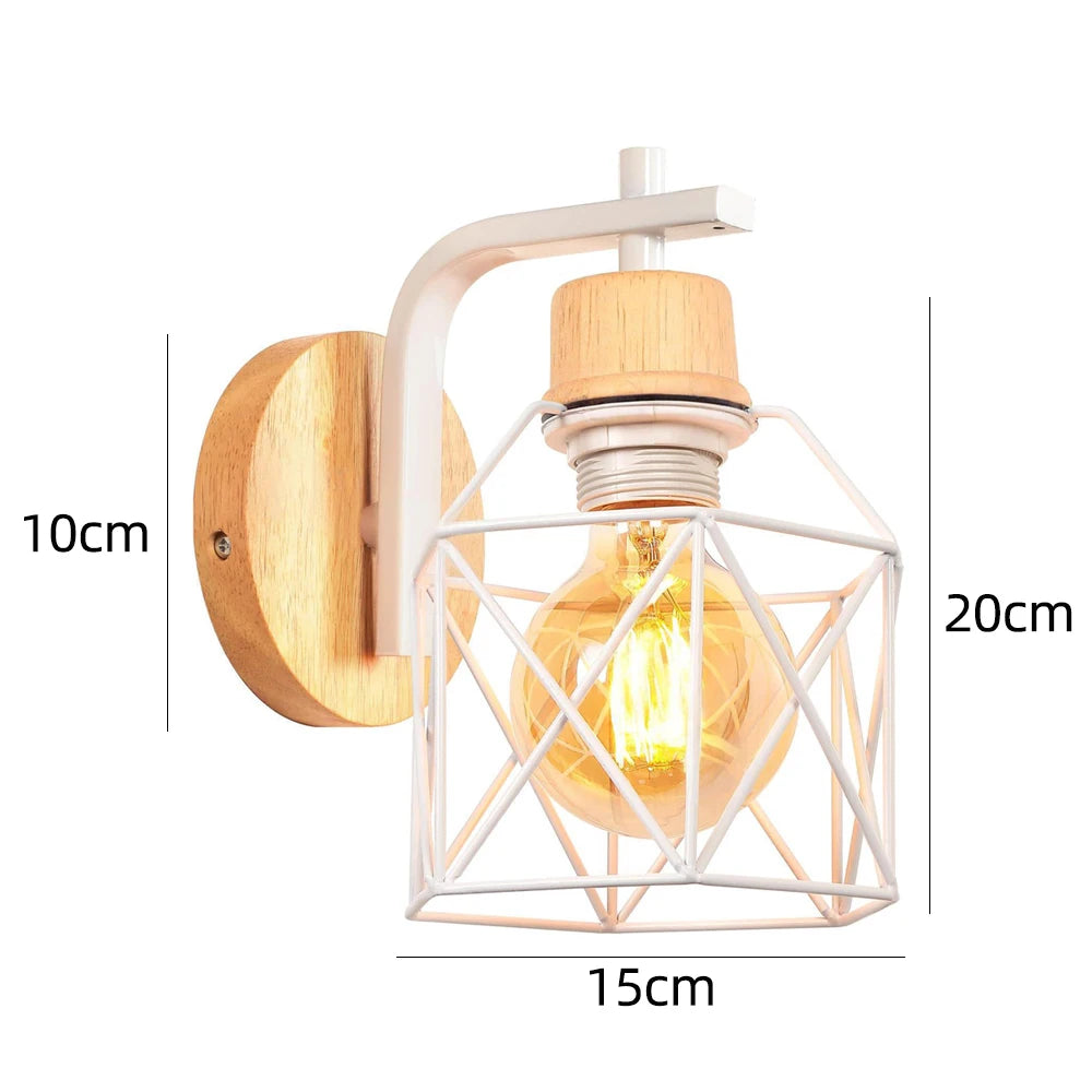 Industrial wall light e27 retro wood lamp wire cage lampshade vintage lighting sconce for living room bedroom kitchen