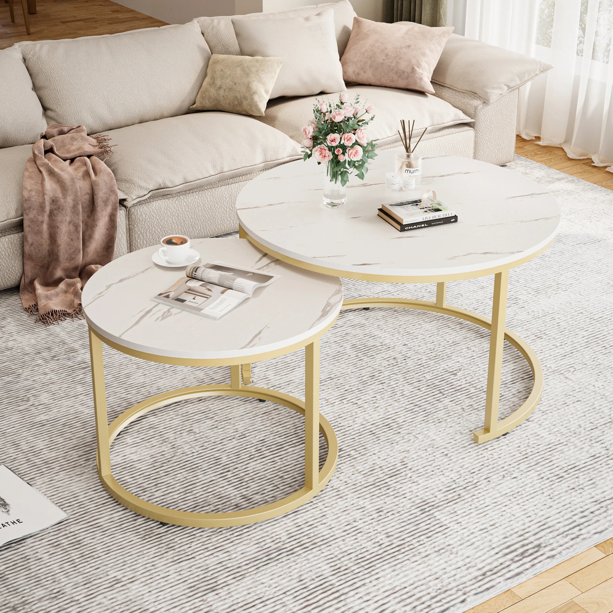 27.5’’ nesting coffee table,round marble table set of 2,wooden round desk,circular modern desk for living r