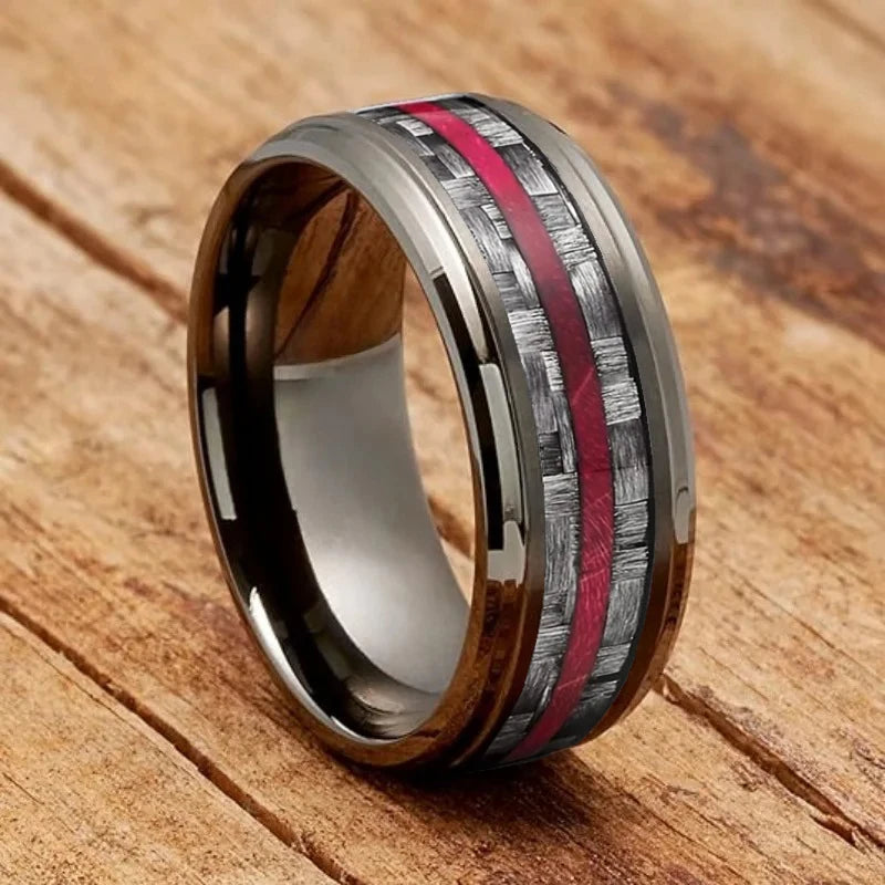 Fashion 8mm silver color stainless steel guitar string rings for men whiskey barrel wood inlay guitarist ring wedding
