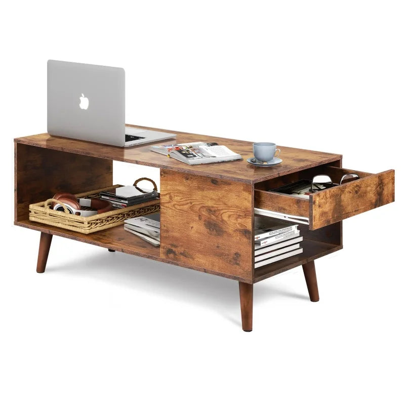 Galaxhero coffee table with sliding top for tv up to 50 inch modern wood center open storage shelf living room - rustic
