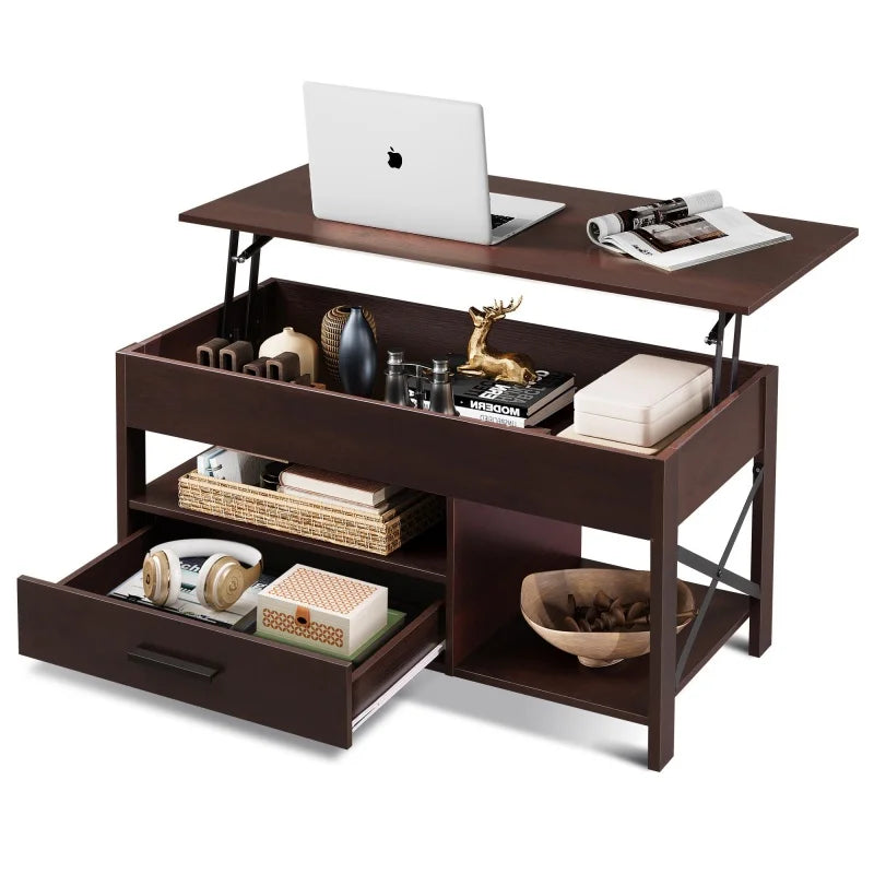 Galaxhero lift top coffee table with hidden compartment storage drawers and shelf for living room reception - espresso