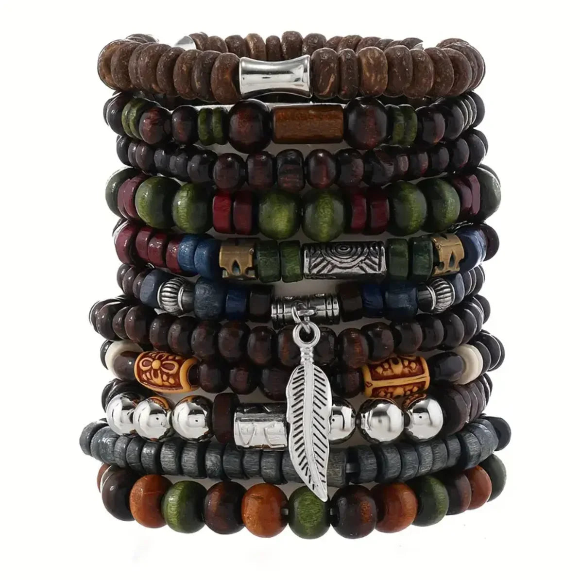 22-piece set vintage style bohemian wooden beaded bracelets synthetic turquoise and cat’s eye beads fashionable