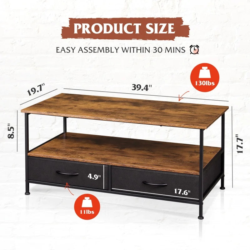 Galaxhero coffee table with storage and drawers 2 tier wood center for bedroom apartment metal legs rustic style