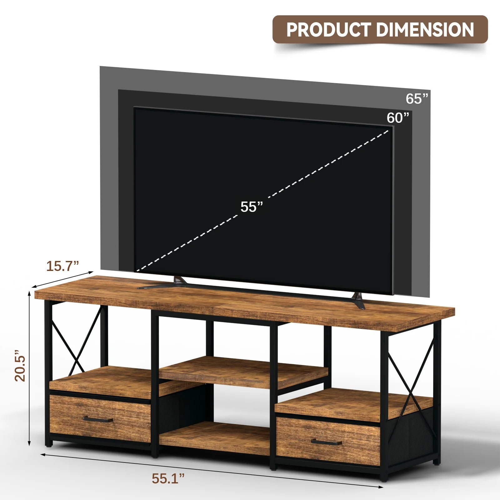 55’’ tv stand with fabric drawers-brown - united states