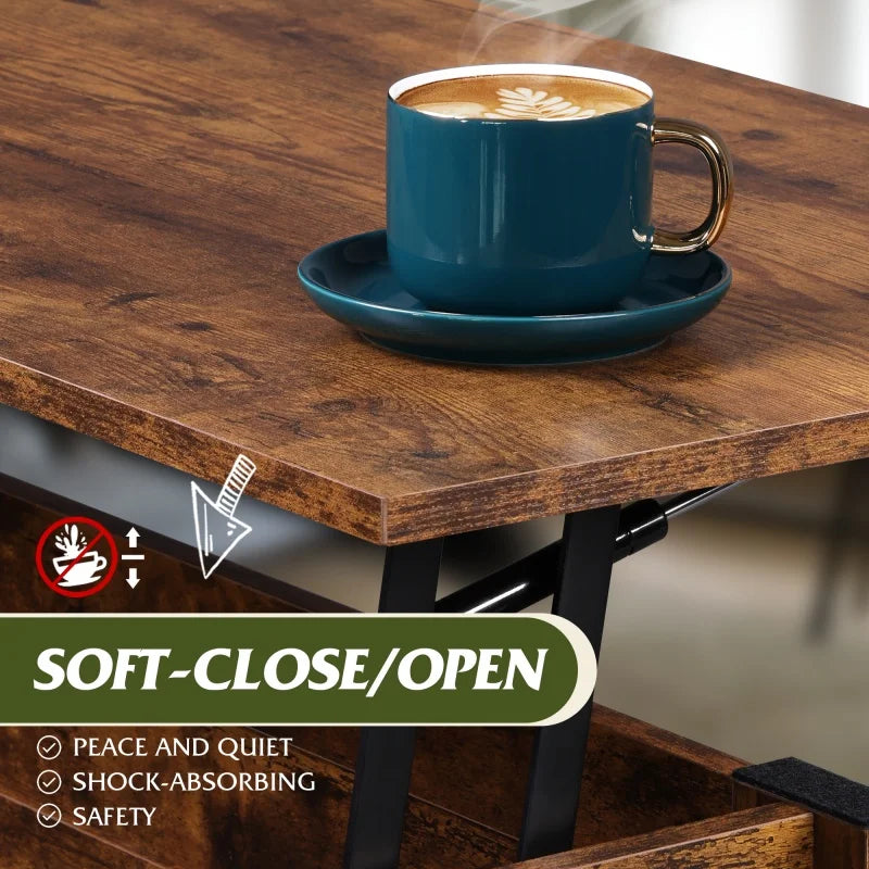 Galaxhero lift top coffee table with hidden compartment and storage shelf for living room modern wood center - rustic