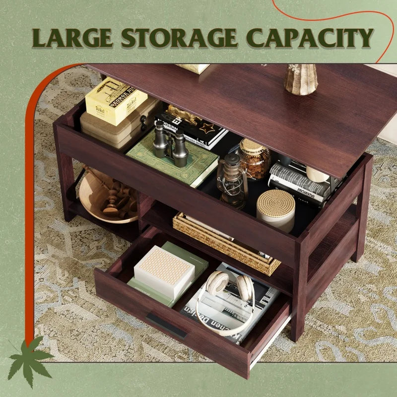 Galaxhero lift top coffee table with hidden compartment storage drawers and shelf for living room reception - espresso